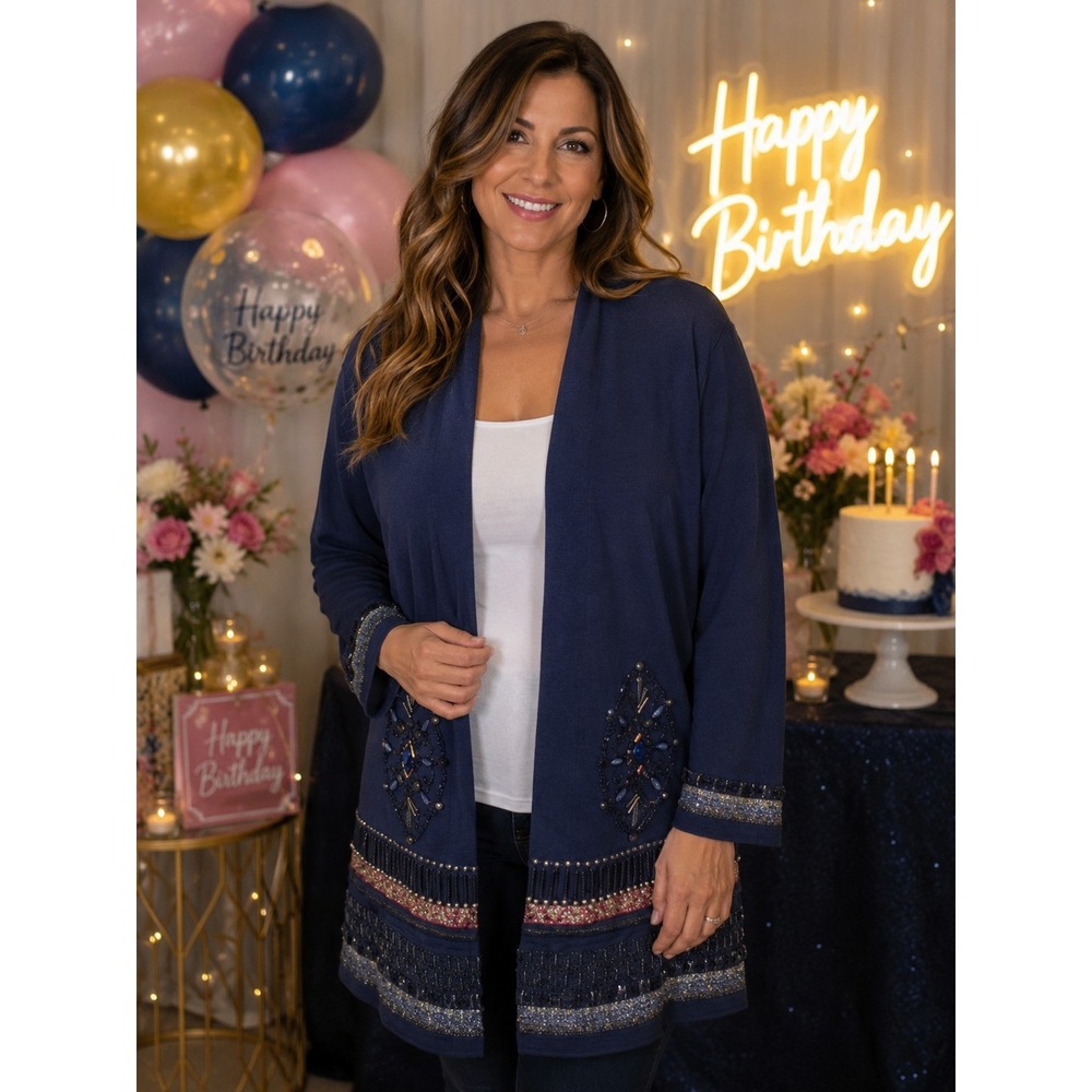 CHICO'S Women's Size 3 Navy Blue Cardigan Long Embellished Elektra Artisan -1999